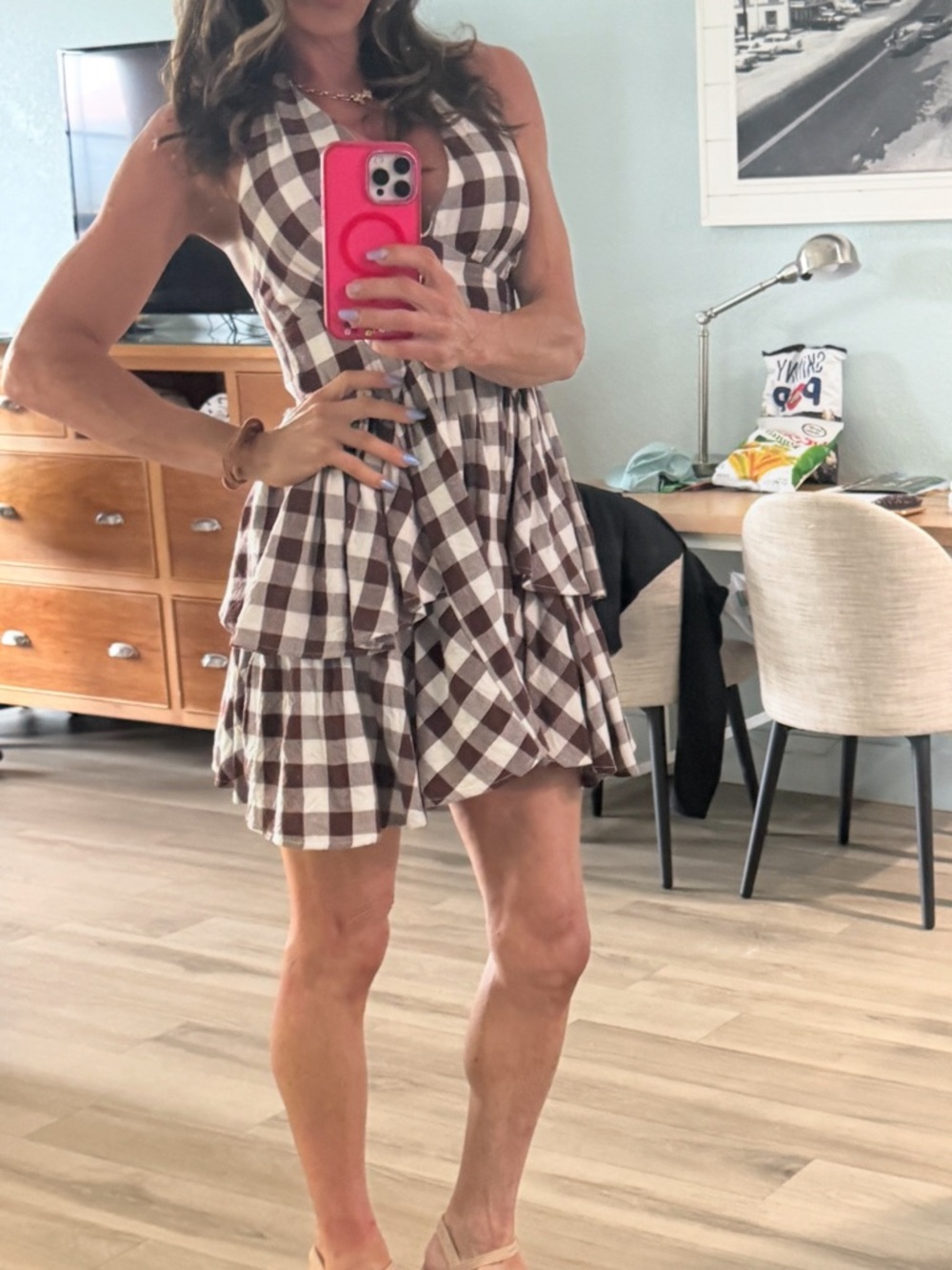 Women's Brown and White Gingham Tiered romper